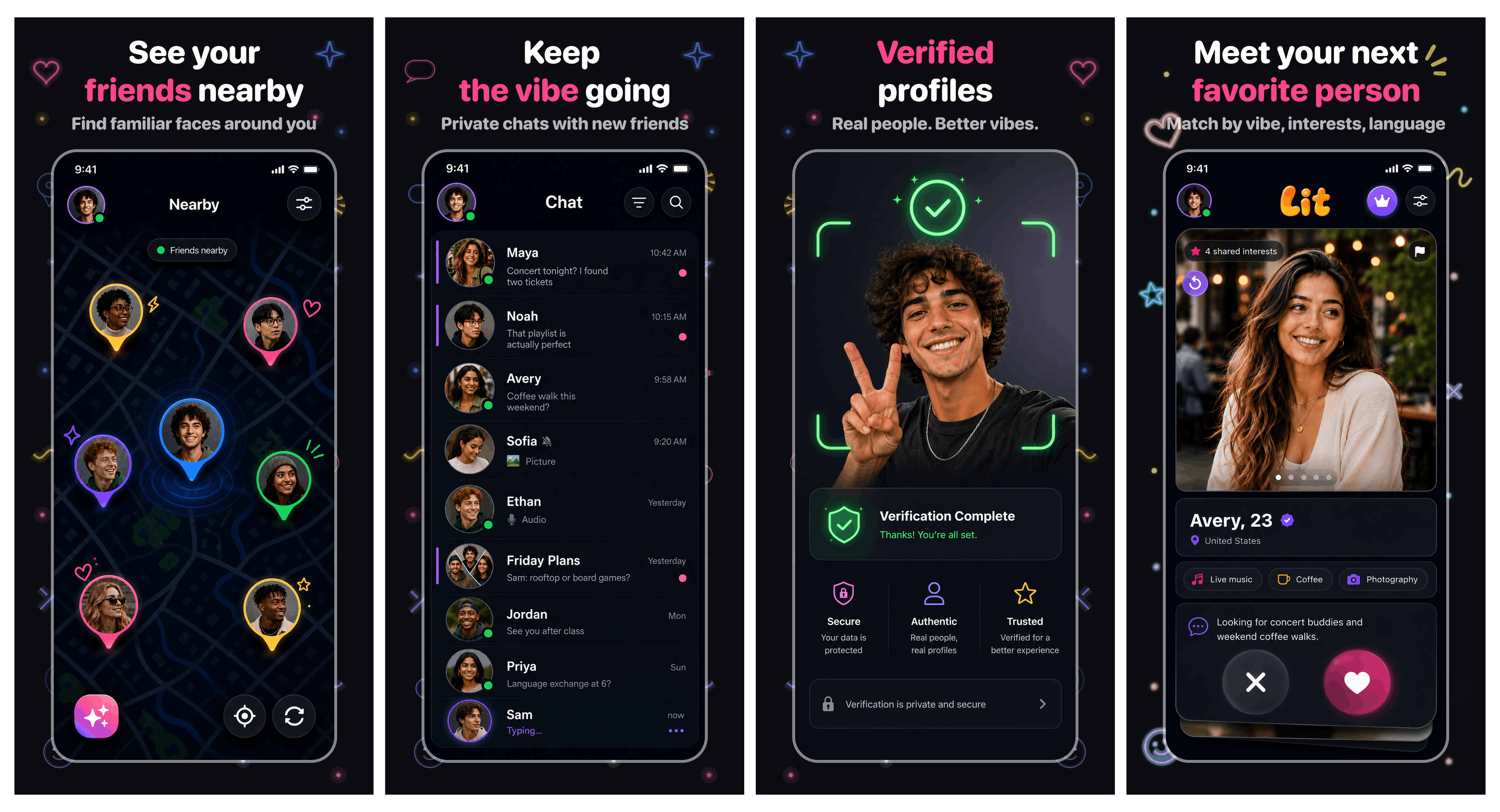 Lit app screens showing nearby friends, verification, chat, and matching
